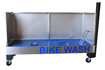 BS399 VASCA LAVAGGIO BICI INOX CON SUPPORTO FISSAGGIO BICI (ANTERIORE SCORREVOLE + POSTERIORE FISSO, RUOTE INCLUSE)